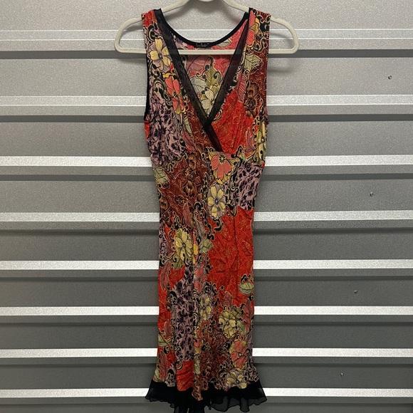 Vintage Floral Y2K Paisley V Neck Lizzie McGuire MIDI Dress Ruffled Size Medium - Picture 2 of 9